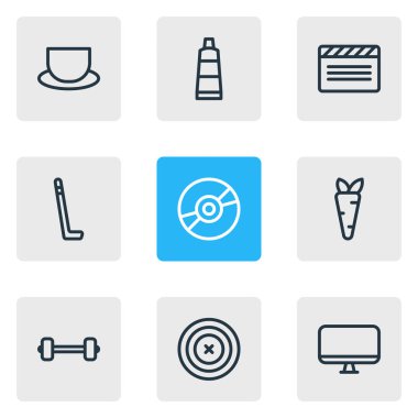 9 eğlence simgeler çizgi stili vektör Illustration. Halter, monitör, hokey ve diğer simge öğeleri düzenlenebilir kümesi.