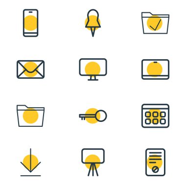 12 çalışma alanı simgeleri çizgi stili vektör Illustration. Monitör, tablet, klasör ve diğer simge öğeleri düzenlenebilir kümesi.