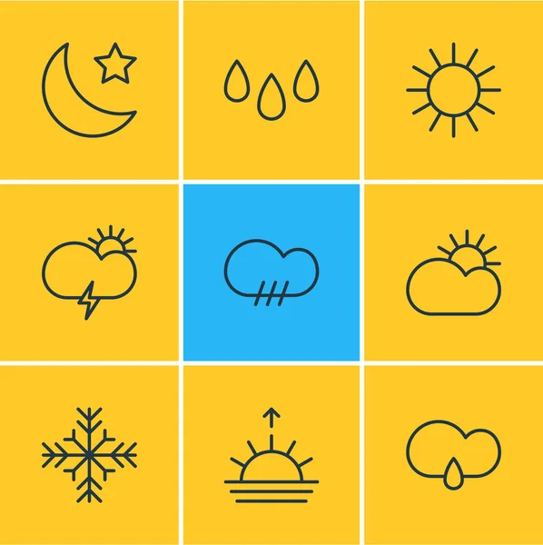 Ilustración vectorial de 9 iconos del cielo estilo de línea. Conjunto editable de gota de lluvia, copo de nieve, sol y otros elementos del icono . — Vector de stock