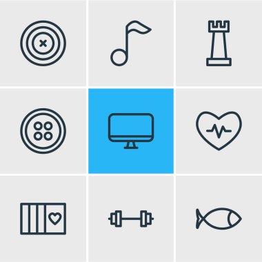 9 hobi simgeleri çizgi stili vektör Illustration. Halter, monitör, kalp atışı ve diğer simge öğeleri düzenlenebilir kümesi.