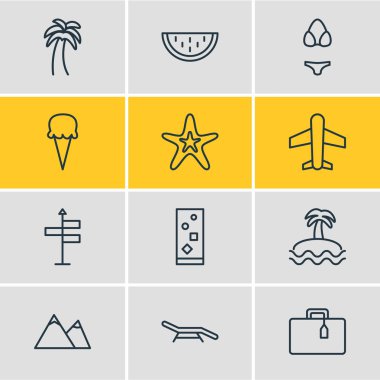 12 sezon simgeler çizgi stili vektör Illustration. Uçak, meşrubat, plaj tezgah ve diğer simge öğeleri düzenlenebilir kümesi.