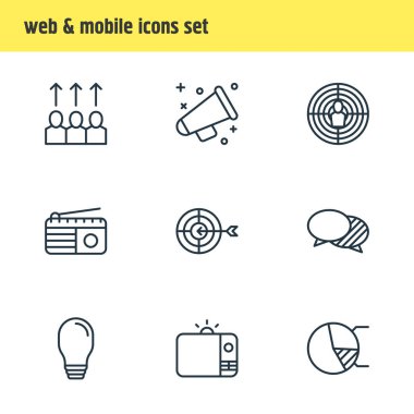 Vektör çizim simgeler çizgi stili reklam 9. Pasta grafik, reklam, amaç ve diğer simge öğeleri düzenlenebilir kümesi.