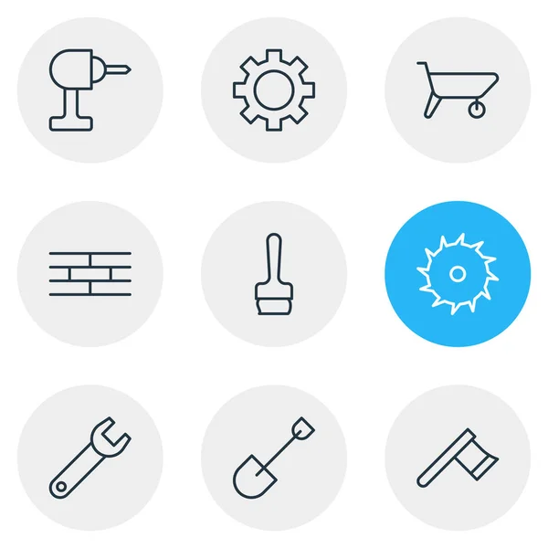 Vektorové ilustrace styl čáry ikony 9 průmyslu. Upravitelné sada štětce, nosič, vrtačky a dalších ikon prvků. — Stockový vektor