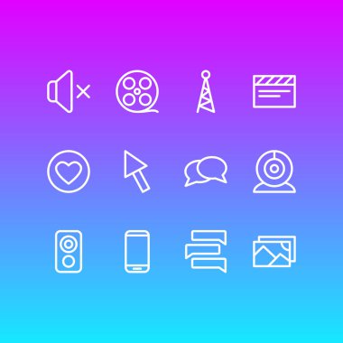 12 medya simgeleri çizgi stili vektör Illustration. Ağ, film makarası, düzenlenebilir kümesi hangi tarihlerde ve diğer simge öğeleri.