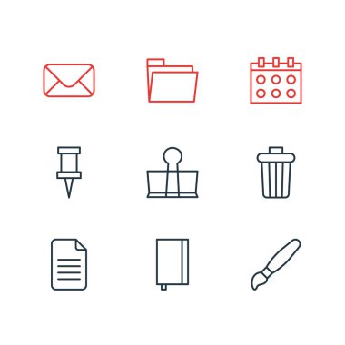 9 araçları simgeler çizgi stili vektör Illustration. PIN, ileti örneği, zarf ve diğer simge öğeleri düzenlenebilir kümesi.