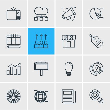 Vektör çizim simgeler çizgi stili reklam 16. Planlama, fiyat etiketi, tv ve diğer simge öğeleri düzenlenebilir seti.