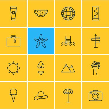 16 yaz simgeler çizgi stili vektör Illustration. Karpuz, dondurma, Bagaj ve diğer simge öğeleri düzenlenebilir kümesi.