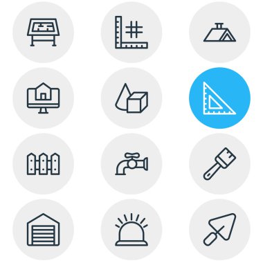 12 inşaat simgeler çizgi stili vektör Illustration. Çatı, kürek, çizim tablosu ve diğer simge öğeleri düzenlenebilir kümesi.