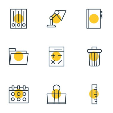 9 aletleri simgeler çizgi stili Illustration. Çöp kutusu, Masa lambası, hesap makinesi ve diğer simge öğeleri düzenlenebilir kümesi.