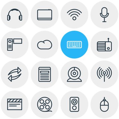 16 müzik simgeleri çizgi stili vektör Illustration. Düzenlenebilir dizi film makaraları, kulaklık, Web sitesi ve diğer simge öğeleri.