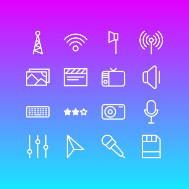 16 medya simgeleri çizgi stili vektör Illustration. Net, tokmağı, kamera ve diğer simge öğeleri düzenlenebilir kümesi.