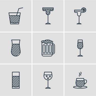 9 içecek simgeler çizgi stili vektör Illustration. Türk çay, meyve suyu, bardağı ve diğer simge öğeleri düzenlenebilir kümesi.