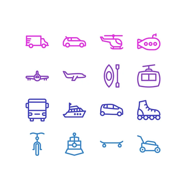 Vectorillustratie van 16 transit pictogrammen lijnstijl. Bewerkbare set truck, bus, rolschaatsen en andere elementen van het pictogram. — Stockvector