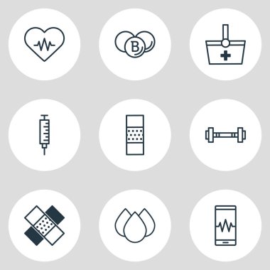 9 tıbbi simgeler çizgi stili Illustration. Vitaminler, kardiyogram sinyalleri, halter ve diğer simge öğeleri düzenlenebilir kümesi.