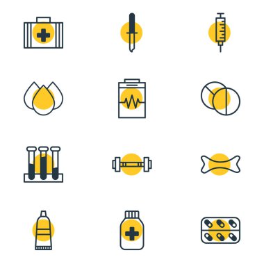 12 sağlık simgeler çizgi stili Illustration. Kapsül, ilaç konteyner, damla ve diğer simge öğeleri düzenlenebilir kümesi.