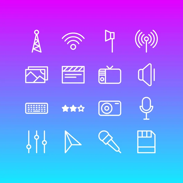 Ilustración de 16 iconos de medios estilo de línea. Conjunto editable de red, clapper, cámara y otros elementos del icono . —  Fotos de Stock