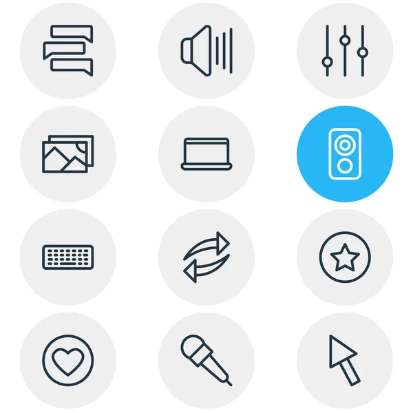 illustration of 12 media icons line style. Editable set of chat, mike, sound and other icon elements.