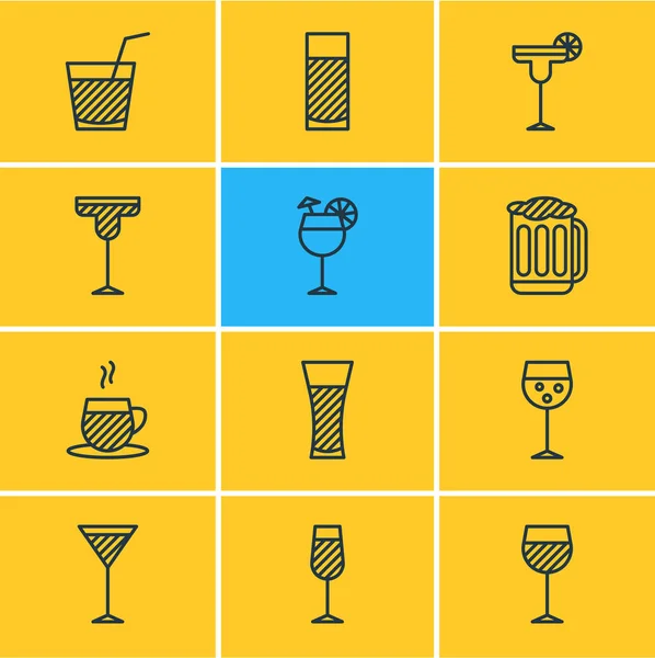 Illustration of 12 beverage icons line style. Editable set of margarita, goblet, water glass and other icon elements. — Stock Photo, Image