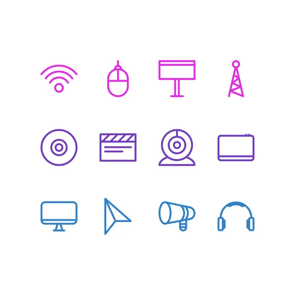 Ilustración de 12 iconos de medios estilo de línea. Conjunto editable de cursor, tableta, monitor y otros elementos del icono . —  Fotos de Stock