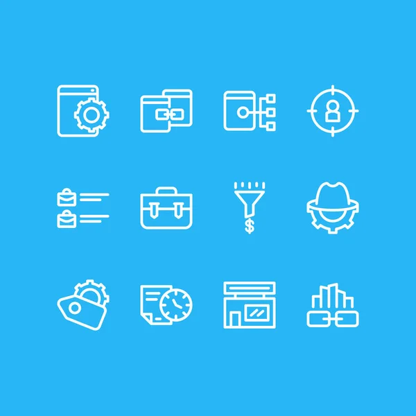 Ilustración de 12 iconos de marketing estilo de línea. Conjunto editable de contenido relacionado, portfolio, SEO whitehat y otros elementos del icono . —  Fotos de Stock