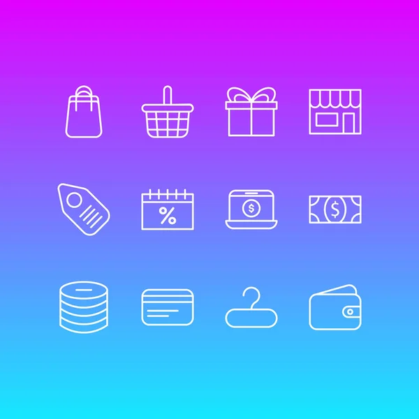 Ilustración de 12 iconos de comercio estilo de línea. Conjunto editable de regalo, billetera, día de ventas y otros elementos del icono . —  Fotos de Stock