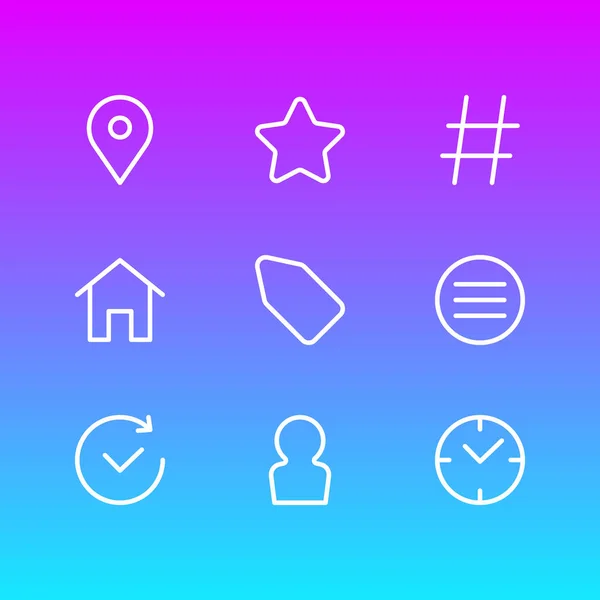 illustration of 9 app icons line style. Editable set of tag, hashtag, menu and other icon elements.