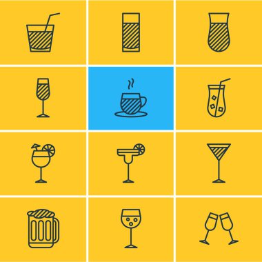 12 içecek simgeler çizgi stili vektör Illustration. Meyve suyu, limonata, su cam ve diğer simge öğeleri düzenlenebilir kümesi.