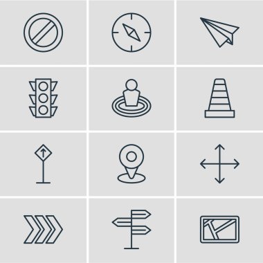 12 gezinti simgeler çizgi stili vektör Illustration. Yönlendirme, okuma işareti, koni ve diğer simge öğeleri düzenlenebilir kümesi.