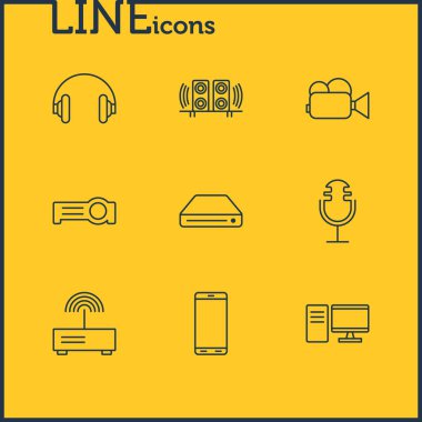 9 donanım simgeleri çizgi stili vektör Illustration. Cep telefonu, sabit disk, yönlendirici ve diğer simge öğeleri düzenlenebilir kümesi.