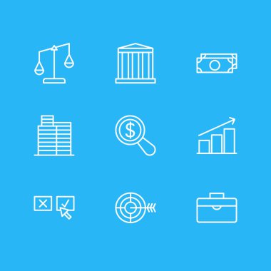 9 iş simgeleri çizgi stili vektör Illustration. Banka, araştırma, hedef ve diğer simge öğeleri düzenlenebilir kümesi.