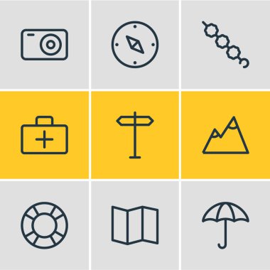 Vektör çizim simgeler çizgi stili kamp 9. Yön tabelası, tıp, hatmi ve diğer simge öğeleri düzenlenebilir kümesi.