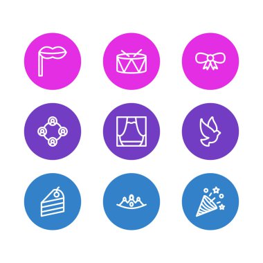 9 parti simgeler çizgi stili vektör Illustration. Sahne, taç, yay ve diğer simge öğeleri düzenlenebilir kümesi.