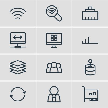 12 Internet simgeleri çizgi stili vektör Illustration. İnternet, sistem, eşitleme ve diğer simge öğeleri düzenlenebilir kümesi.