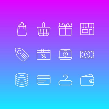 12 simgeleri çizgi stili ticaret vektör Illustration. Hediye, cüzdan, satış gün ve diğer simge öğeleri düzenlenebilir kümesi.