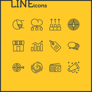 12 simgeleri çizgi stili reklam vektör Illustration. Düzenlenebilir fiyat etiketi, reklam, pasta grafiği ve diğer simge öğeleri kümesi.