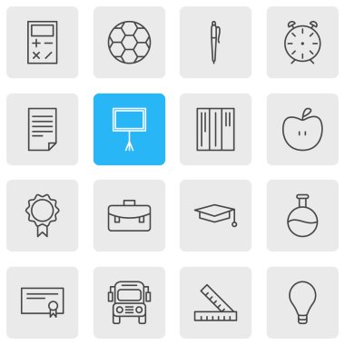 16 eğitim simgeler çizgi stili vektör Illustration. Kütüphane, mezuniyet şapka, hesap makinesi ve diğer simge öğeleri düzenlenebilir kümesi.