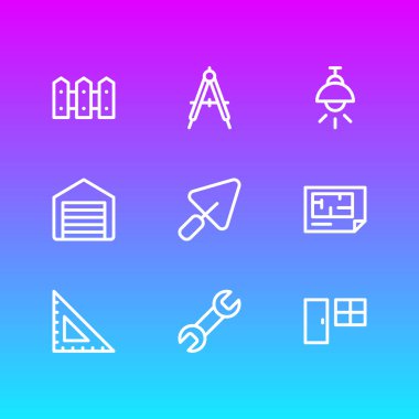 9 mimari simgeler çizgi stili vektör Illustration. İngiliz anahtarı, planı, lamba ve diğer simge öğeleri düzenlenebilir kümesi.