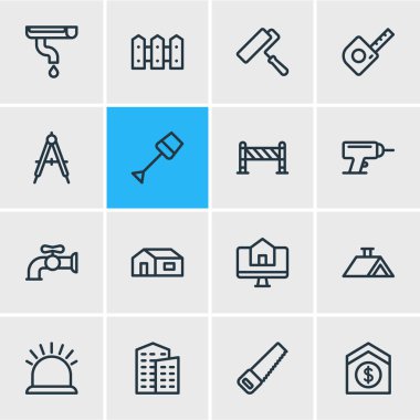 16 sanayi simgeleri çizgi stili vektör Illustration. Bariyer, düzenlenebilir dizi gördüm, resim ve diğer simge öğeleri.