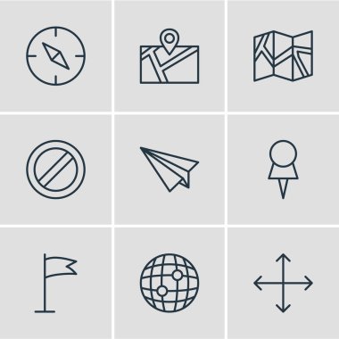9 yönünü simgeler çizgi stili vektör Illustration. Küre, harita, bayrak ve diğer simge öğeleri düzenlenebilir kümesi.