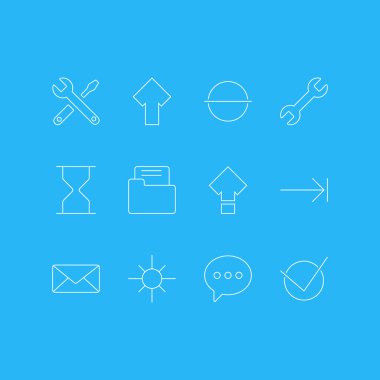 12 arabirim simgeler çizgi stili vektör Illustration. Düzenlenebilir onay, kum saati, eksi simgesini öğeleri kümesi.