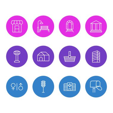 12 simgeleri çizgi stili vektör Illustration. Bina, ev, Havaalanı ve diğer simge öğeleri düzenlenebilir kümesi.