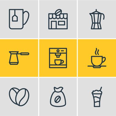 9 java simgeler çizgi stili vektör Illustration. Makinesi, arabica bakla, kafe ve diğer simge öğeleri düzenlenebilir kümesi.