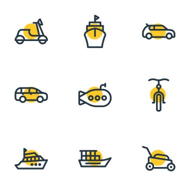 9 araç simgeleri çizgi stili vektör Illustration. Çim biçme makinesi, kompakt araç, mpv ve diğer simge öğeleri düzenlenebilir kümesi.