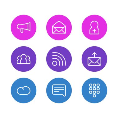 9 vektör çizim simgeler çizgi stili bağlayın. Konuşma, zarf, kayıt hesap ve diğer simge öğeleri düzenlenebilir kümesi.