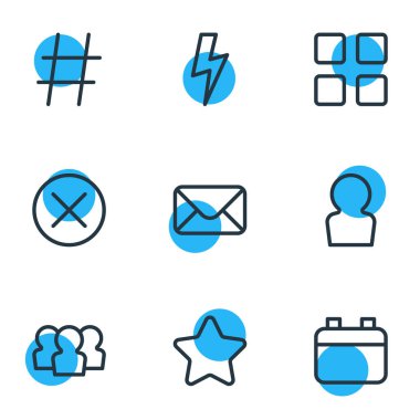 9 uygulama simgeleri çizgi stili vektör Illustration. Takvim, üye, posta ve diğer simge öğeleri düzenlenebilir kümesi.