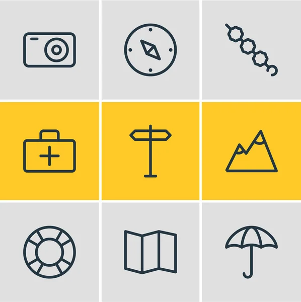 Vektoros illusztráció 9 camping ikonok vonalstílust. Szerkeszthető sor tábla, orvostudomány, fehérmályva és egyéb ikon. — Stock Vector
