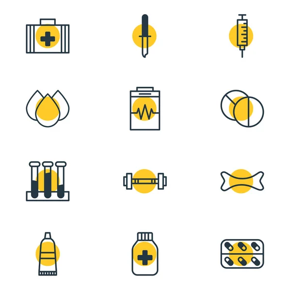 Ilustração vetorial de 12 ícones de saúde estilo linha. Conjunto editável de cápsula, recipiente de drogas, gotejamento e outros elementos de ícones . — Vetor de Stock