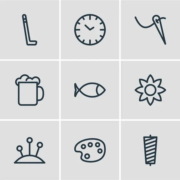 Illustrazione vettoriale di 9 icone di intrattenimento stile linea. Set modificabile di ago, birra, hockey e altri elementi icona . — Vettoriale Stock