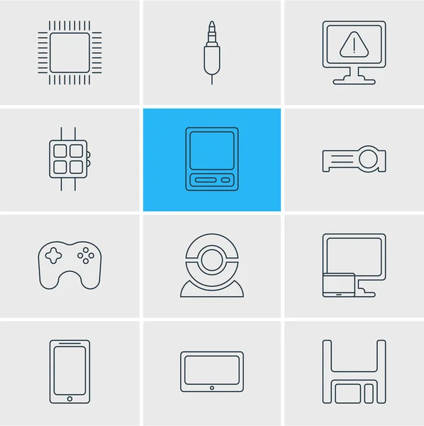 Vektorillustration av 12 bärbara ikoner linjeformat. Redigerbara uppsättning smartwatch, spelkontroll, stationär dator och andra ikonen element. — Stock vektor