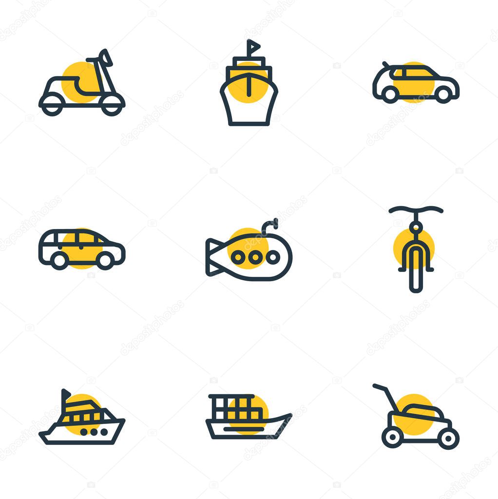 Vector illustration of 9 vehicle icons line style. Editable set of lawn mower, compact car, mpv and other icon elements.